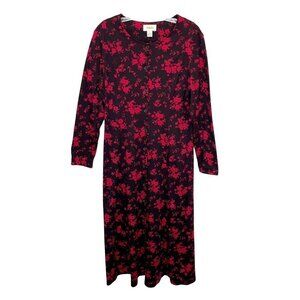 Vintage Talbots Black red floral Button Down Maxi Dress Size MP Long Sleeves